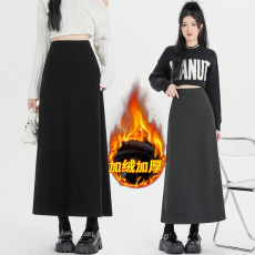 批发灰色加绒黑色a字半身裙女2025秋冬<b class='q'>新款</b>大码弹力显瘦长裙包臀裙子