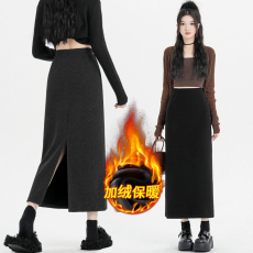 批发灰色秋冬加绒加厚半身裙女中长款包臀直筒裙针织<b class='q'>大码</b>高腰开叉长裙