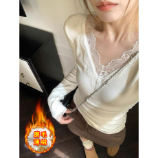批发V领蕾丝打底衫女秋冬磨毛薄绒长袖纯欲辣妹t恤<b class='q'>韩版</b>修身洋气上衣服