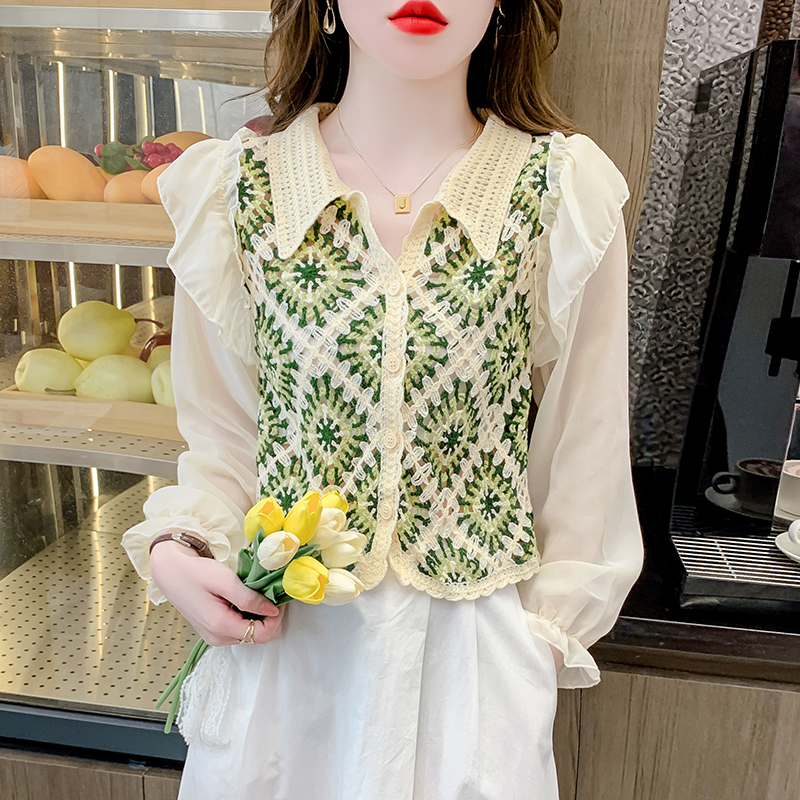 PF29405#新款短款长袖复古雪纺拼接针织甜美洋气小衫女裝貨源服裝批發