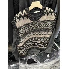 批发欧洲站慵懒风圆领条纹全羊毛马夹女2024冬季新款时尚百搭减龄马甲