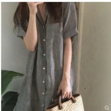 批发韩国chic风翻领条纹宽松中长款<b class='q'>短袖</b>衬衫连衣裙女