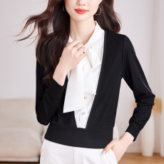 批发实拍黑色假两件针织衫女士2026新款早春法式复古气质短款系带上衣