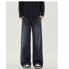 批发深蓝色复古牛仔裤男秋冬季刮烂宽松直筒阔腿裤美式潮牌高街长裤子