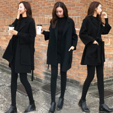 批发外套薄款女秋装宽松中长款毛呢外套系带大码宽松女大衣