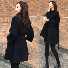 批发外套薄款女秋装宽松中长款毛呢外套系带大码宽松女大衣