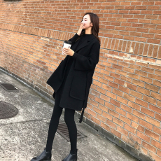 批发外套薄款女秋装宽松中长款毛呢外套系带大码宽松女大衣
