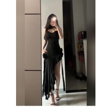 批发2025法式纯欲荷叶边黑色吊带<b class='q'>连衣裙</b>女性感辣妹<b class='q'>不规则</b>开叉包臀裙子