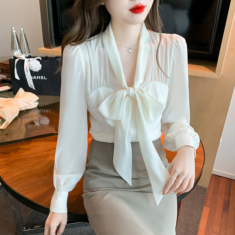 PF29403#高品质感气质显瘦蝴蝶结百搭提花拼接雪纺衫上衣女裝貨源服裝批發