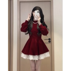 批发松本丧丧公主丝绒裙拼接连衣裙<b class='q'>冬</b>季A字裙短裙显瘦收腰