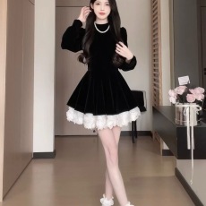 批发松本丧丧公主丝绒裙拼接连衣裙<b class='q'>冬</b>季A字裙短裙显瘦收腰