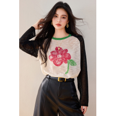 批发实拍◆◆2026春款小花印花撞色拼接长袖针织衫女宽松休闲T恤上衣