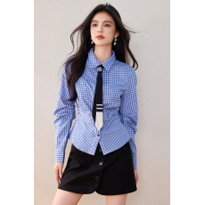 批发实拍◆2026春款美式复古长袖衬衫女新款休闲蓝白格子<b class='q'>收腰</b>显瘦上衣