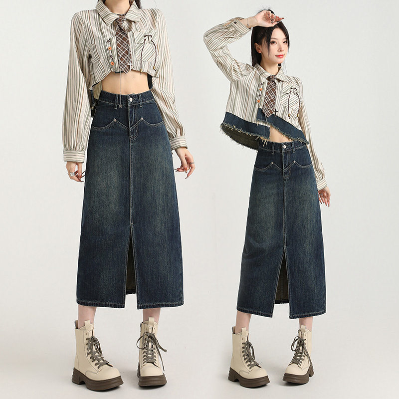 复古高腰开叉牛仔半身裙女春夏2025新款中长款开叉显瘦包臀裙子