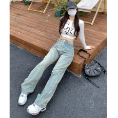 批发大码<b class='q'>女装</b>#爆款月光蓝直筒牛仔裤女垂感浅色皮牌高腰显瘦阔腿裤