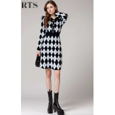 批发名媛小香风连衣裙女显瘦收腰菱形图案打底A字通勤职业气质针