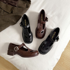 批发2025miu家镂空真皮小皮鞋女2024新款复古学院风粗跟玛丽珍单鞋