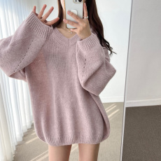 批发实价 韩国chic秋冬中<b class='q'>长款</b>毛衣女v领套头宽松慵懒<b class='q'>针织衫</b>