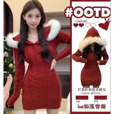 批发新年红色针织<b class='q'>连衣裙</b>女春秋冬氛围性感小个子礼服毛衣包臀裙