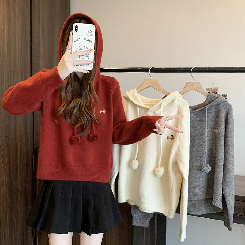 PF29569#新款胖mm大码女连帽刺绣软糯保暖针织上衣毛衣女裝貨源服裝批發