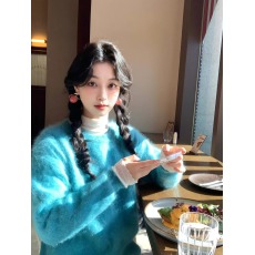 批发实价有货韩系软糯糯蓝色水<b class='q'>貂绒</b>套头女春季新款宽松毛茸茸针织毛衣