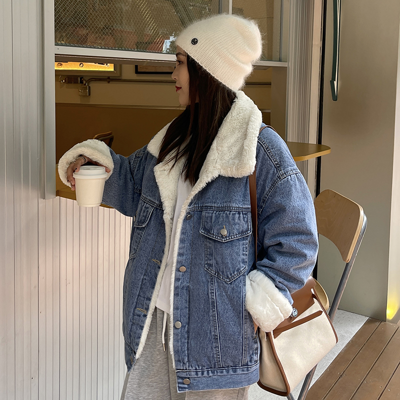 PF29231#羊羔毛牛仔外套女新款加绒加厚宽松韩版百搭学生夹克女裝貨源服裝批發