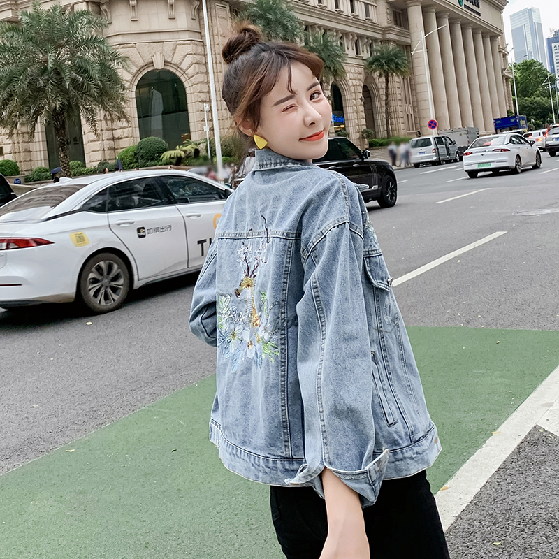 PF29230#新款绣花牛仔短外套女装原宿风宽松夹克港味刺绣潮女裝貨源服裝批發