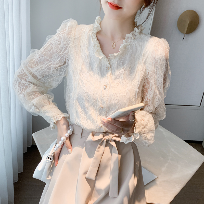 PF29450#蕾丝衬衫女士法式洋气长袖雪纺上衣春装V领气质衬衫职业衫女裝貨源服裝批發