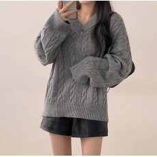 批发实货 <b class='q'>韩国</b>chic宽松慵懒秋冬毛衣女麻花坑条设计感简约厚针织上衣