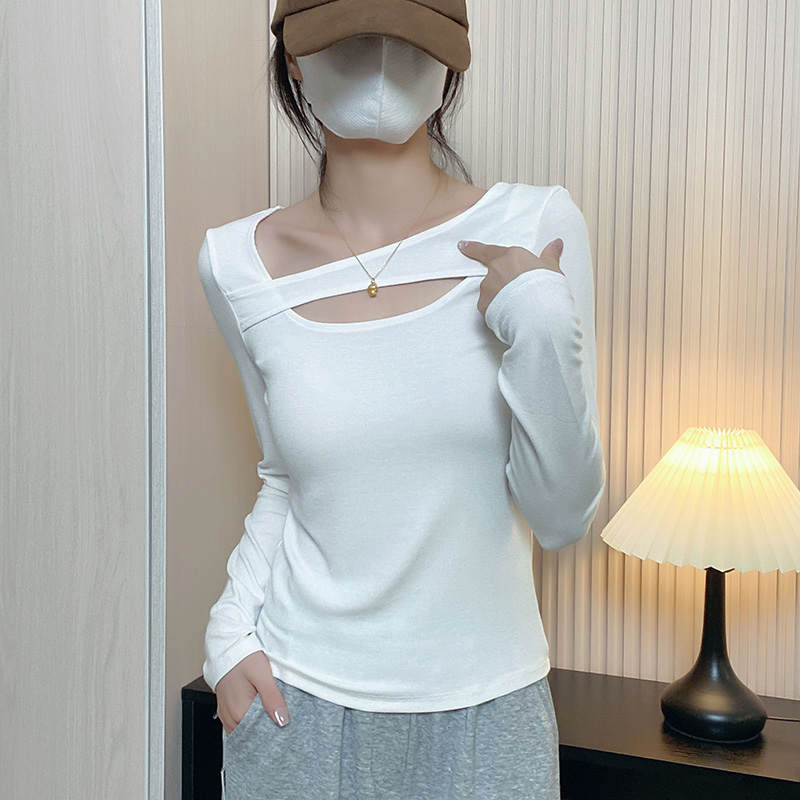 PF29287# 罗纹2*2前镂空设计款打底韩版纯色修身长袖冬季新款圆领显瘦上衣女裝貨源服裝批發