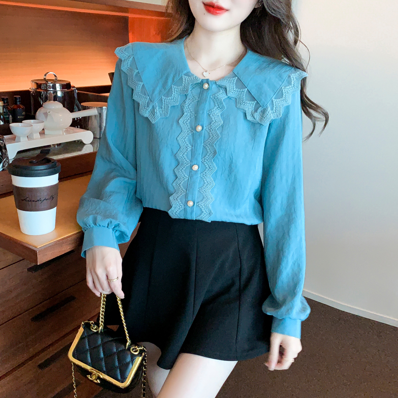 PF29453#娃娃领雪纺衬衫新款欧货洋气百搭上衣漂亮蕾丝小衫女裝貨源服裝批發