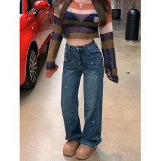 批发酷妹韩版设计感<b class='q'>烫钻</b>高腰长裤显瘦蓝色直筒<b class='q'>牛仔裤</b>女