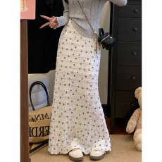 批发实拍~大码女装木耳边蝴蝶结印花蕾丝碎花鱼尾半身裙秋冬包臀长裙