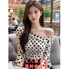 批发法式纯欲风波点露肩斜领上衣女春秋新款高级感别致气质御姐打底衫