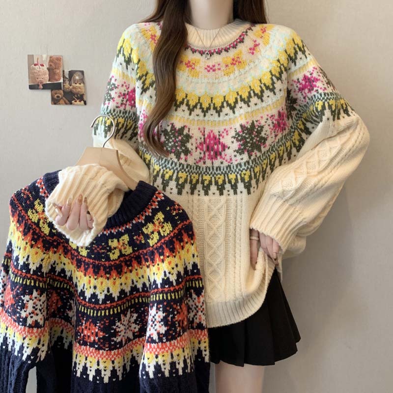 PF29386#新款落肩袖慵懒风圆领印花毛衣女大码宽松百搭上衣女裝貨源服裝批發