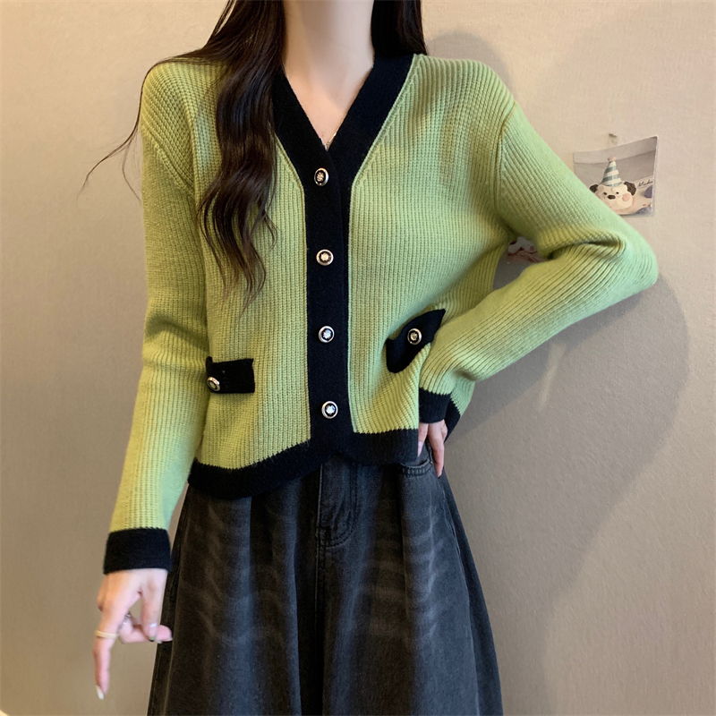 PF29371#大码胖mm长袖针织衫毛衣开衫女新款显瘦拼色长袖外套上衣女裝貨源服裝批發