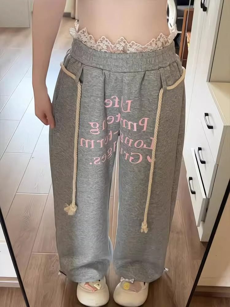 PF29354#立体腰头复古字母印花蕾丝拼接运动卫裤女秋冬新款阔腿裤女裝貨源服裝批發
