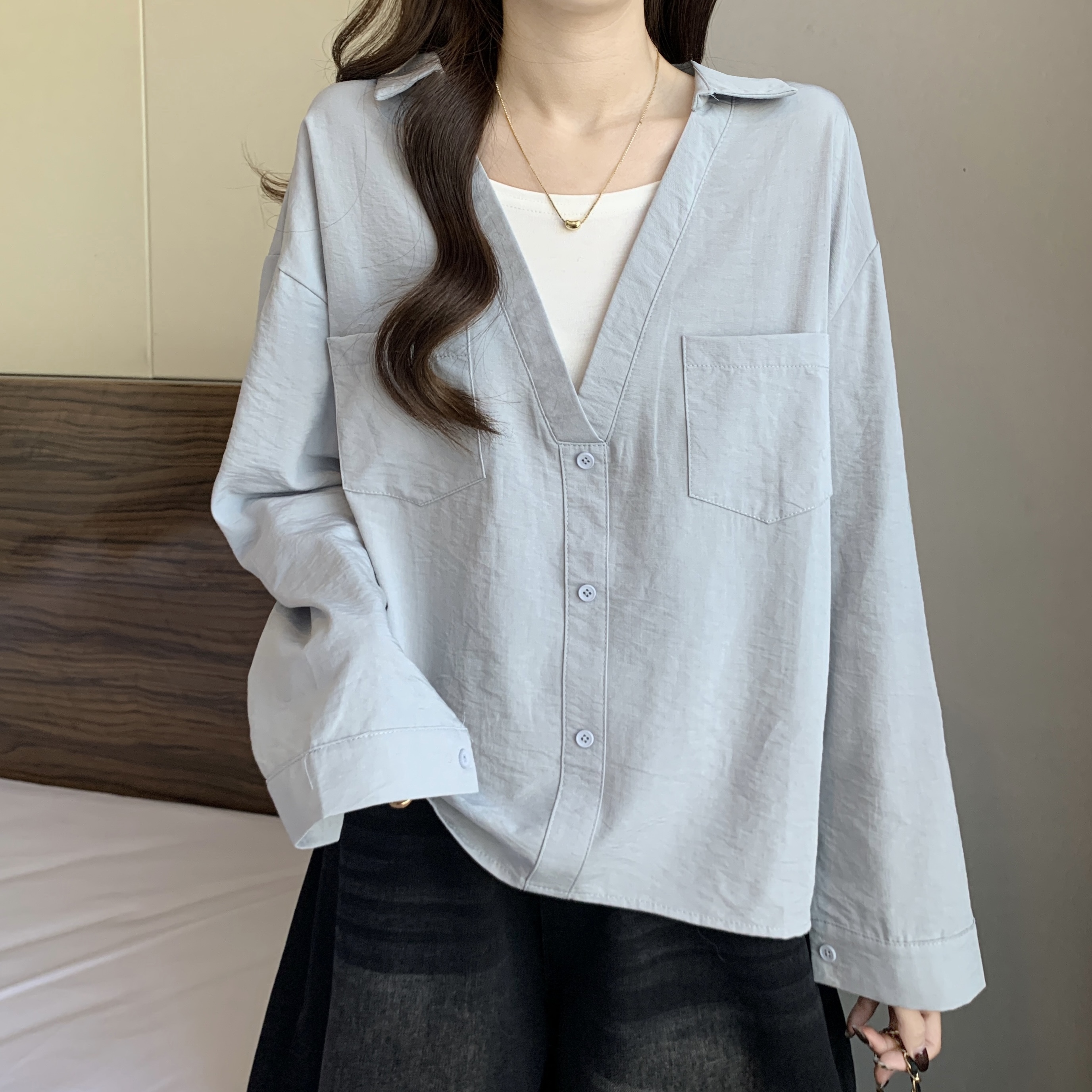 PF29441#大码女装假两件港风长袖衬衫女新款胖mm宽松显瘦内搭上衣女裝貨源服裝批發