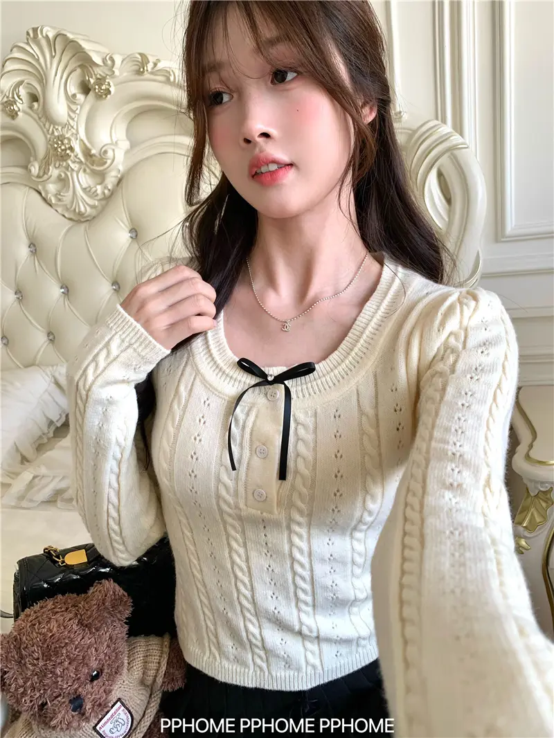 샤넬풍 리본 꽈배기 니트 상세 이미지 3