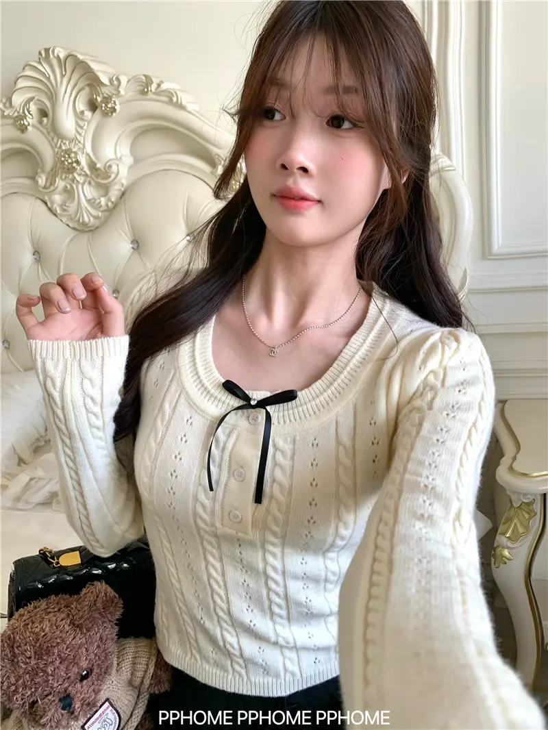 샤넬풍 리본 꽈배기 니트 상세 이미지 5