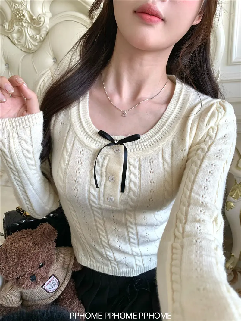 샤넬풍 리본 꽈배기 니트 상세 이미지 9