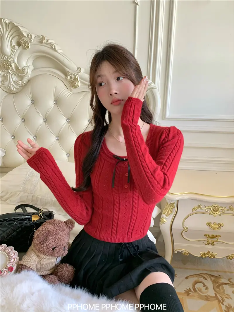 샤넬풍 리본 꽈배기 니트 상세 이미지 11