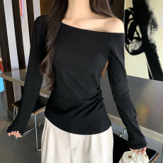 批发实拍【1*1纯棉螺纹】<b class='q'>长袖</b>T恤女春秋一字领斜肩内搭打底衫上衣