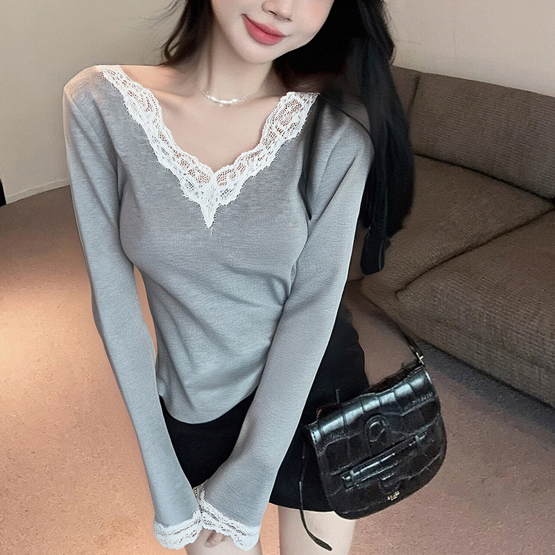 PF29448#春夏长袖V领内搭T恤蕾丝拼接纯欲辣妹蝴蝶结蕾丝挂脖性感上衣女裝貨源服裝批發