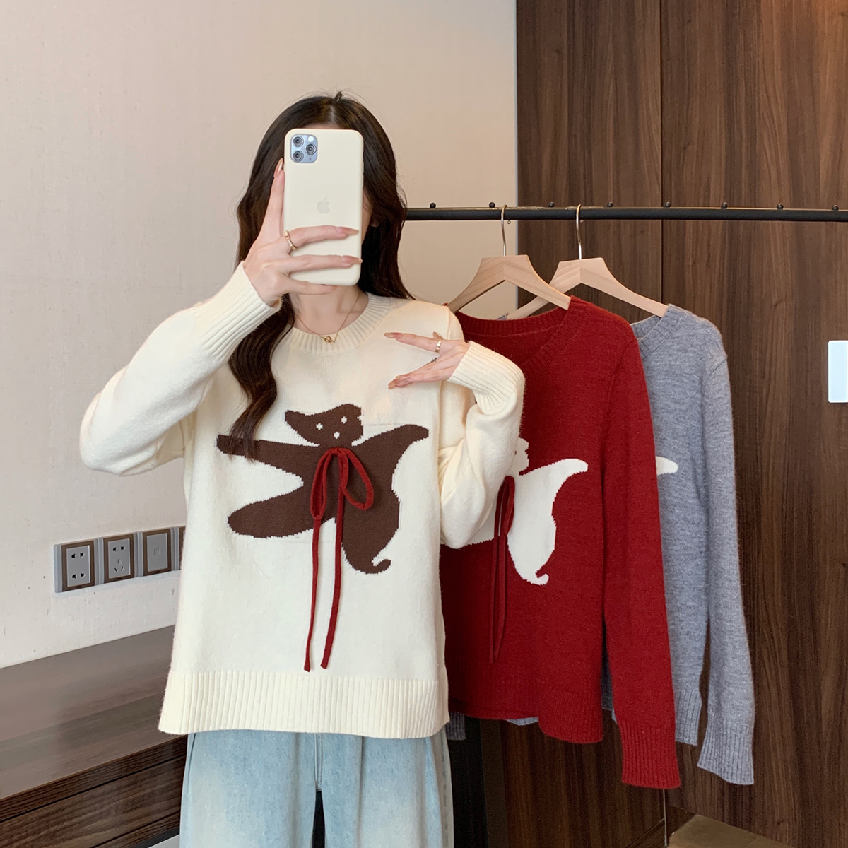 PF29469#新款胖mm大码卡通小熊蝴蝶结针织衫软糯宽松内搭毛衣女裝貨源服裝批發