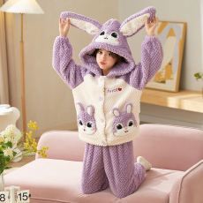 批发[黛琳芬]玫瑰绒<b class='q'>亲子装</b>儿童连帽睡衣<b class='q'>套装</b>秋冬加厚女孩童装家居服4