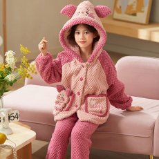 批发[黛琳芬]珊瑚绒<b class='q'>亲子装</b>儿童连帽睡衣<b class='q'>套装</b>秋冬加厚女孩童装家居服4