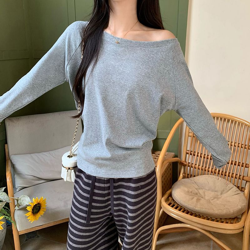 PF29352#纯棉螺纹长袖T恤女春秋冬打底衫内搭斜露肩一字领女裝貨源服裝批發