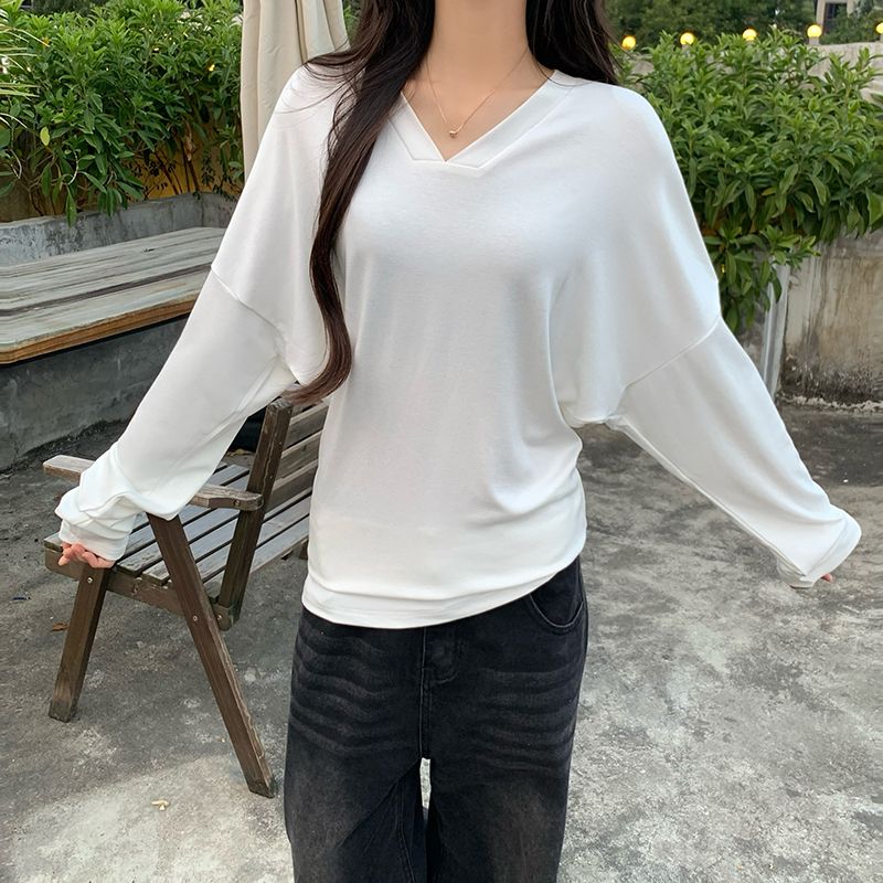 PF29347#莫代尔螺纹 V领弯刀堆积感长袖T恤女春秋冬打底衫女裝貨源服裝批發
