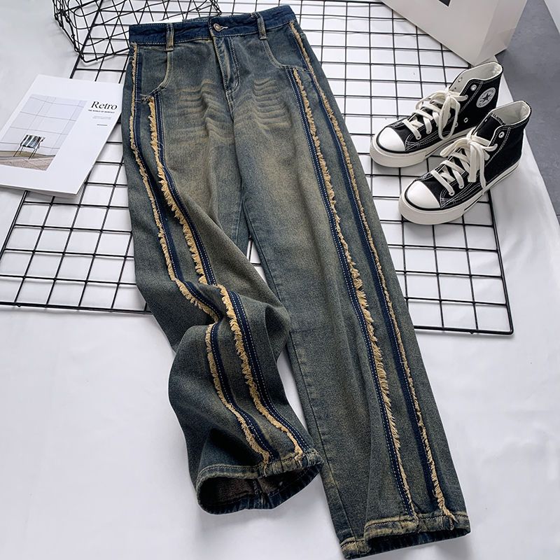 PF29345#加绒加厚秋冬新款高腰直筒牛仔阔腿裤女垂感显瘦拼接毛边拖地长裤女裝貨源服裝批發